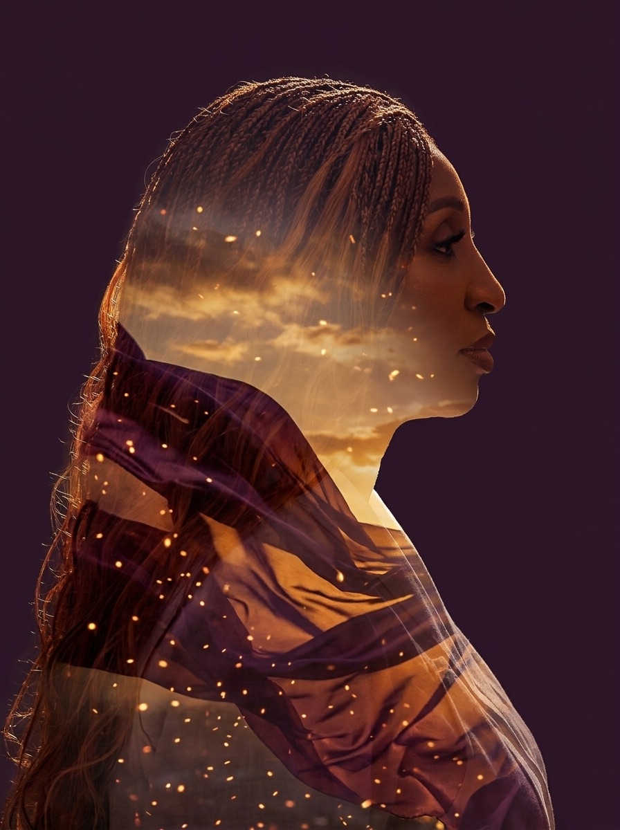 Double exposure of Kemi in profile filled with a dusk sky