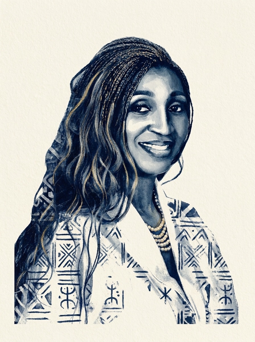 Indigo ink-wash portrait of Kemi Osinibi with adire patterns