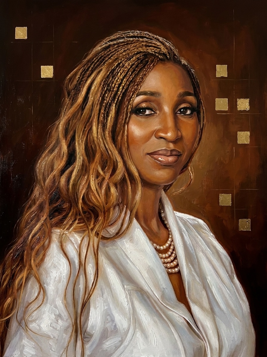 Oil painting of Kemi Osinibi with gold-leaf squares